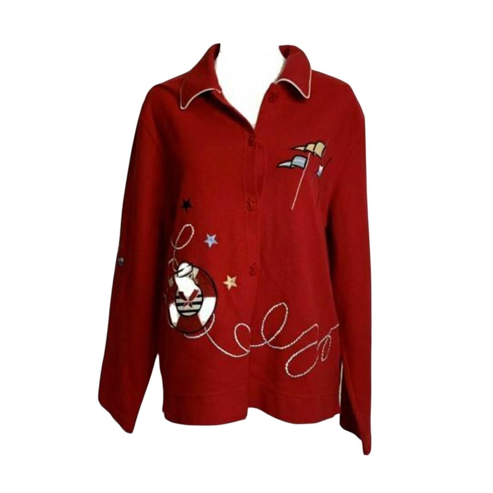 Vtg Onque Casuals Red Sailor Embroidered Cardigan Sweater XL Nautical Coastal